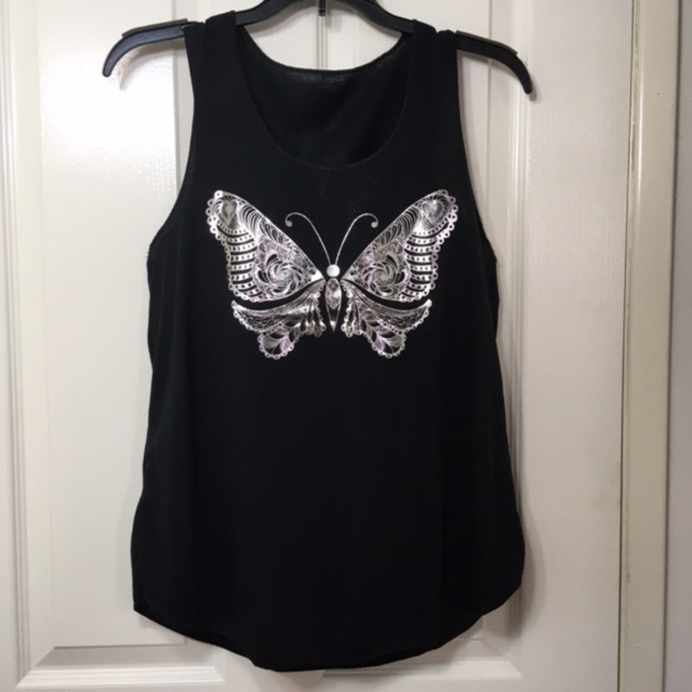 NWOT, Women Sleeveless Tank Top,100% Polyester, Black, “Butterfly” silkscreen